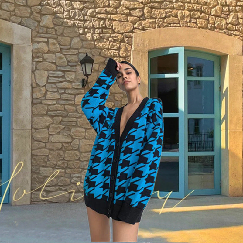 Damen Modische Strickjacke im Hahnentrittmuster Drune