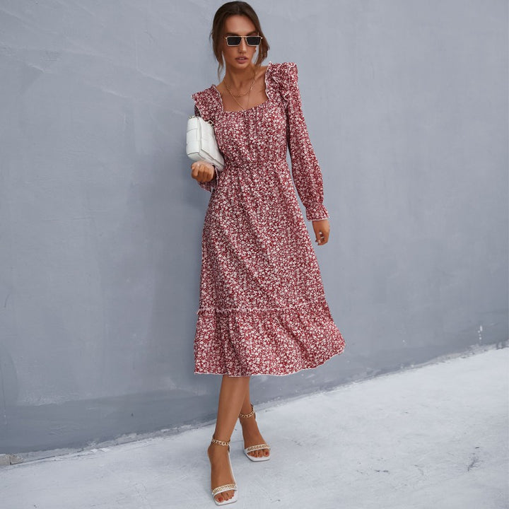 Damen romantisches Maxikleid mit Rüschendetails und floralen Mustern Drune