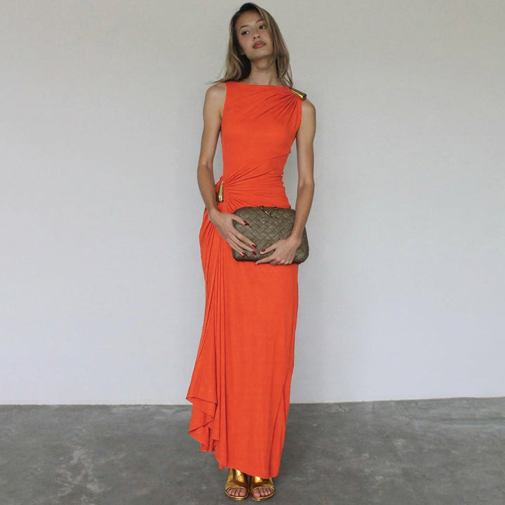 Damen Elegantes Maxikleid mit asymmetrischem Schnitt und Raffungen Drune