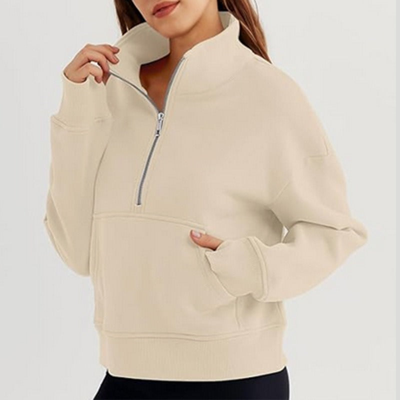 Damen lässiger Pullover mit hohem Kragen und kurzer Reißverschluss Drune