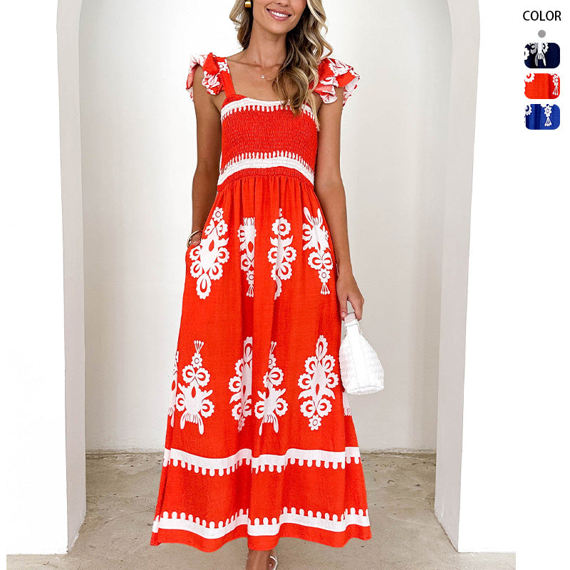 Damen Maxikleid mit floralen Stickereien und Rüschendetails Drune
