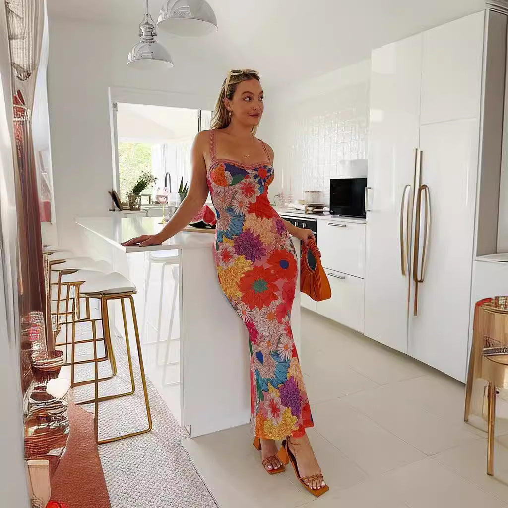 Damen Blumen-Midi-Kleid mit Spitzenträgern und figurbetontem Schnitt Drune