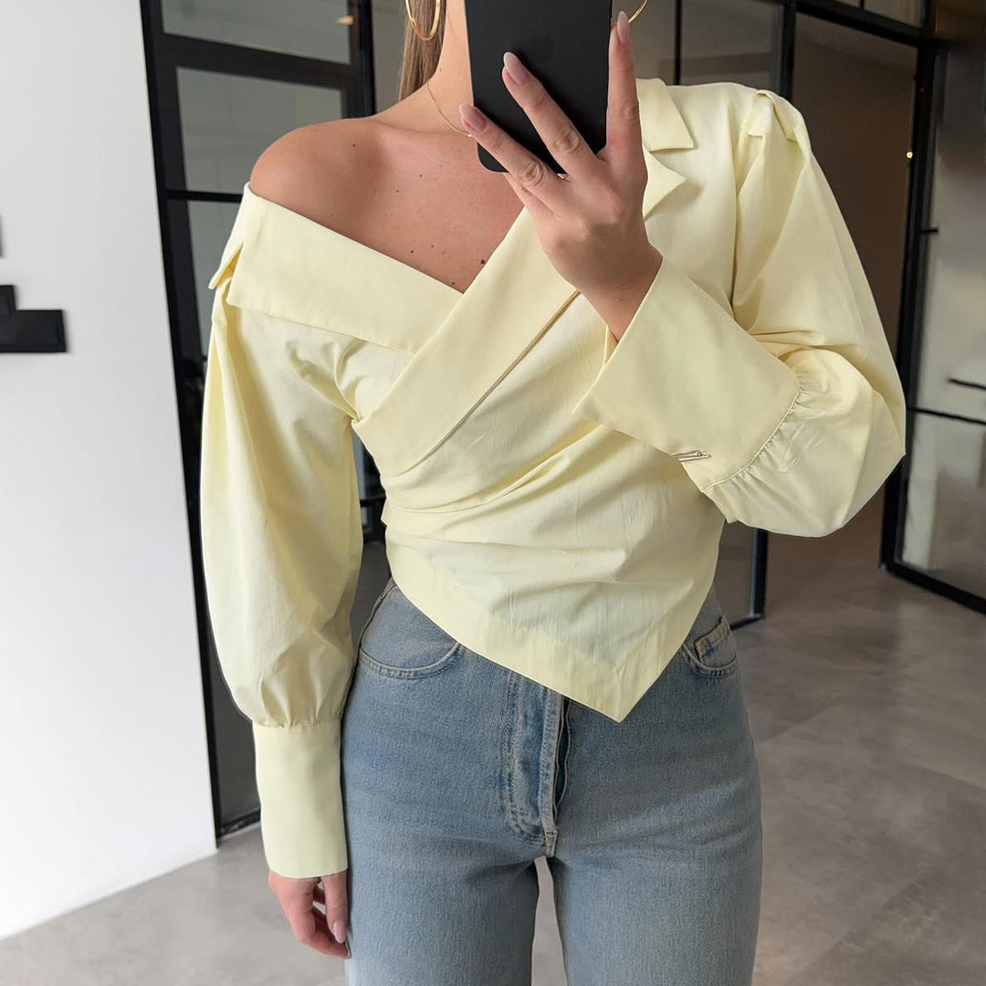 Damen Elegante Wickelbluse mit asymmetrischem Schnitt und Puffärmeln Drune