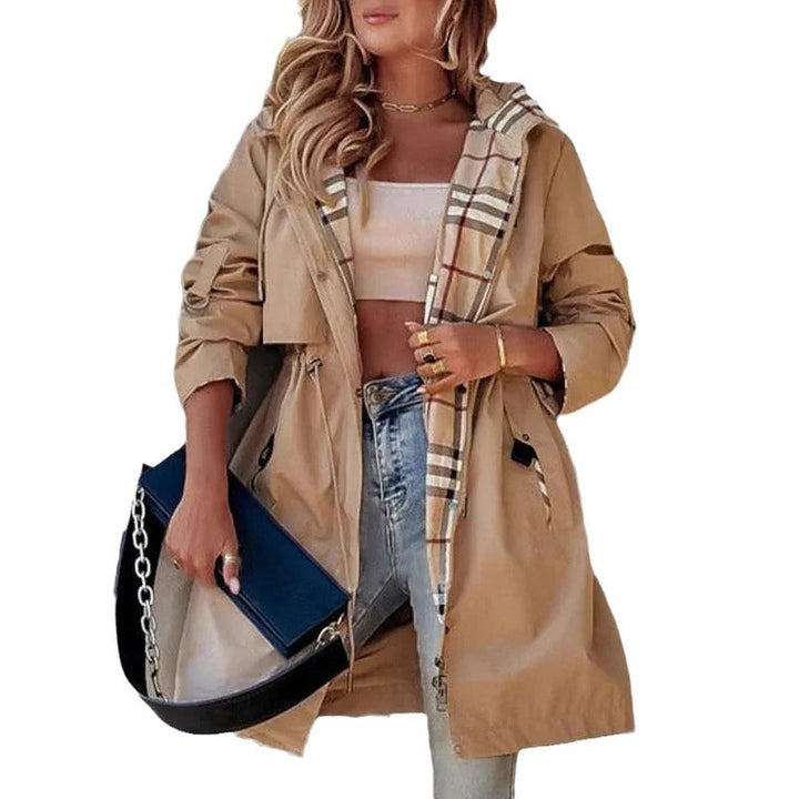 Damen stylische Übergangsjacke mit verstellbarem Kordelzug und Karomuster Drune
