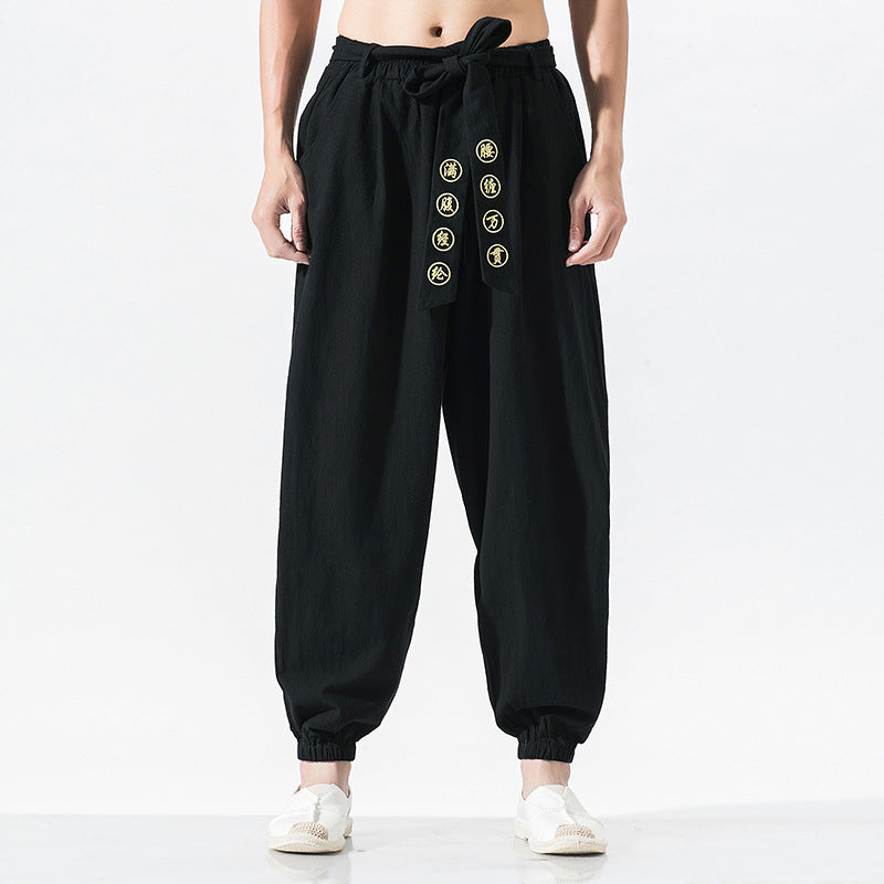 Damen nan weite Leinenhose mit Tunnelzug Bund Bindedetail und elastischen Knöchelabschlüssen Drune