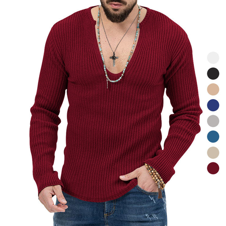 Herren Langarm-Rippenpullover mit tiefem V-Ausschnitt und modernem Schnitt Drune