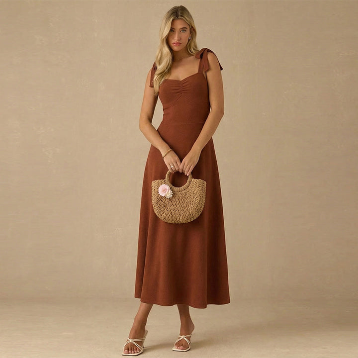 Damen Maxikleid mit niedlichen Schleifen-Trägern und gerafftem Oberteil Drune