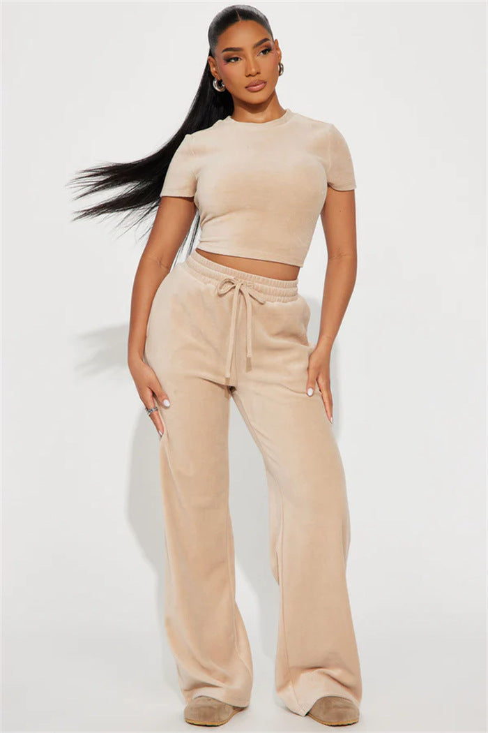 Damen weiches Velours-Loungewear-Set mit cropped Oberteil und lockerer Hose Drune