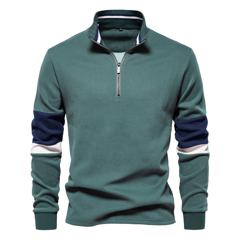 Herren nan Halbzip-Pullover mit Stehkragen, gestreiftem Krageninnenband und Kontrastärmeln Drune
