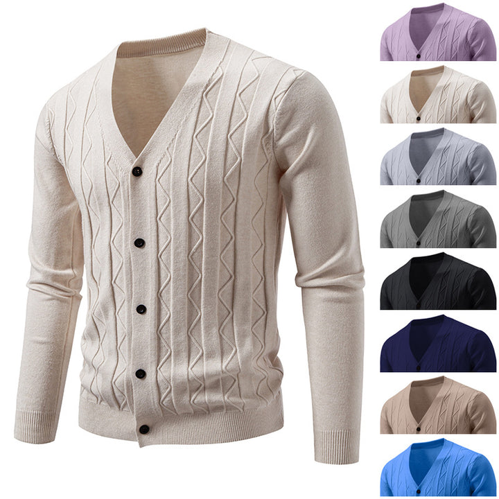 Herren nan V-Ausschnitt Strickjacke mit dezenter Zopfmusterstruktur und durchgehender Knopfleiste Drune