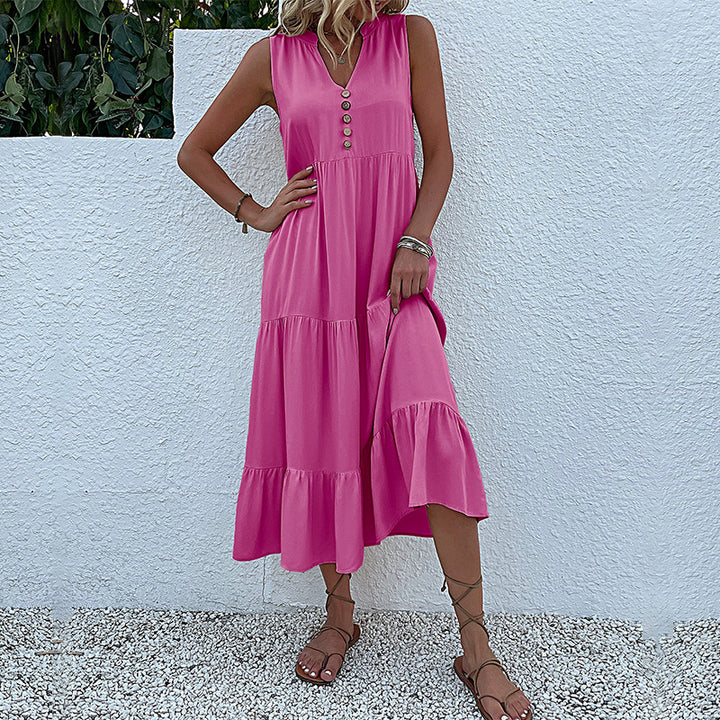 Damen luftiges Maxikleid mit Knopfdetails und Rüschensaum Drune