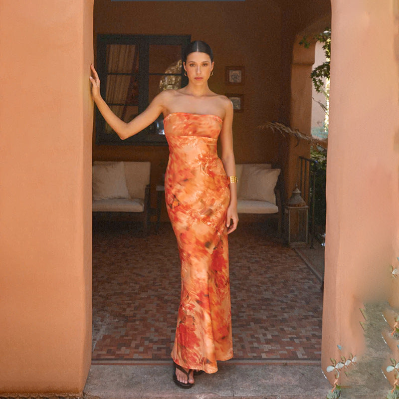 Damen elegantes strapless Maxikleid mit floralem Design und figurbetontem Schnitt Drune