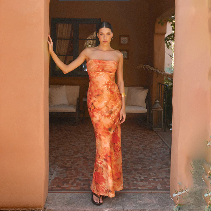 Damen elegantes strapless Maxikleid mit floralem Design und figurbetontem Schnitt Drune