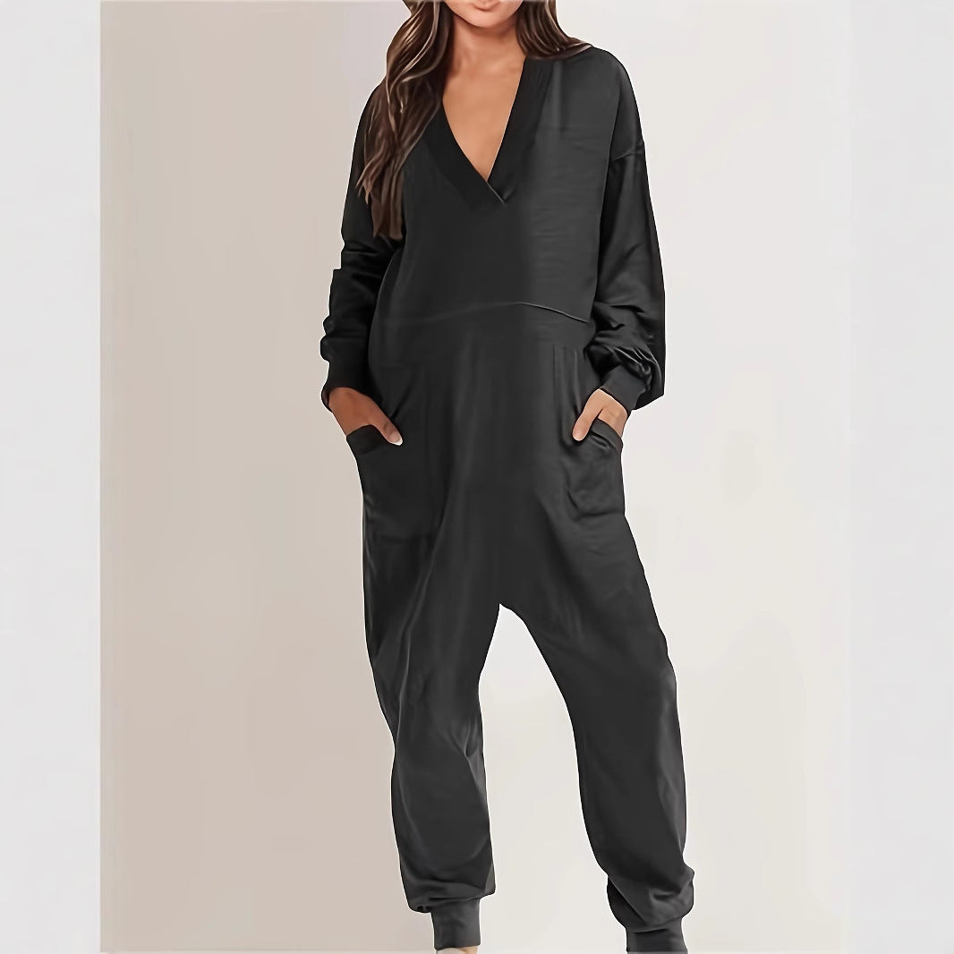 Damen Lässiger Jumpsuit mit praktischen Taschen und elegantem V-Ausschnitt Drune