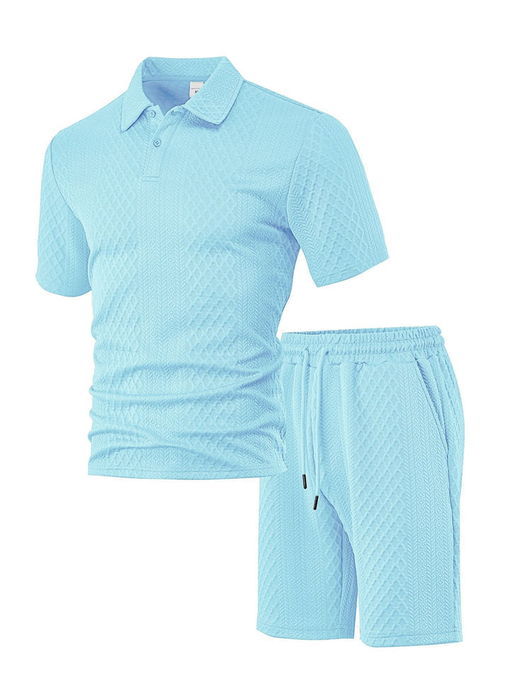 Herren nan geprägtes Waffel-Polo mit Kentkragen und elastischer Tunnelzugshorts im Set Drune
