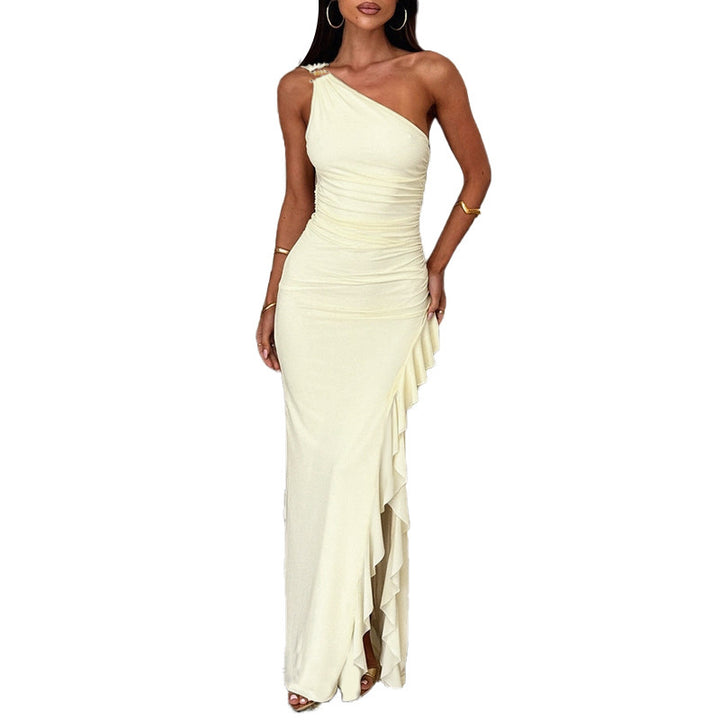 Damen Raffung Maxikleid mit asymmetrischem Ausschnitt und verspieltem Rüschendesign Drune