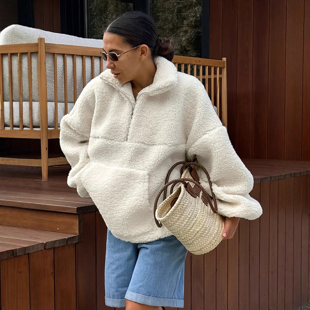 Damen Fleece-Pullover mit hohem Kragen und seitlichen Taschen Drune