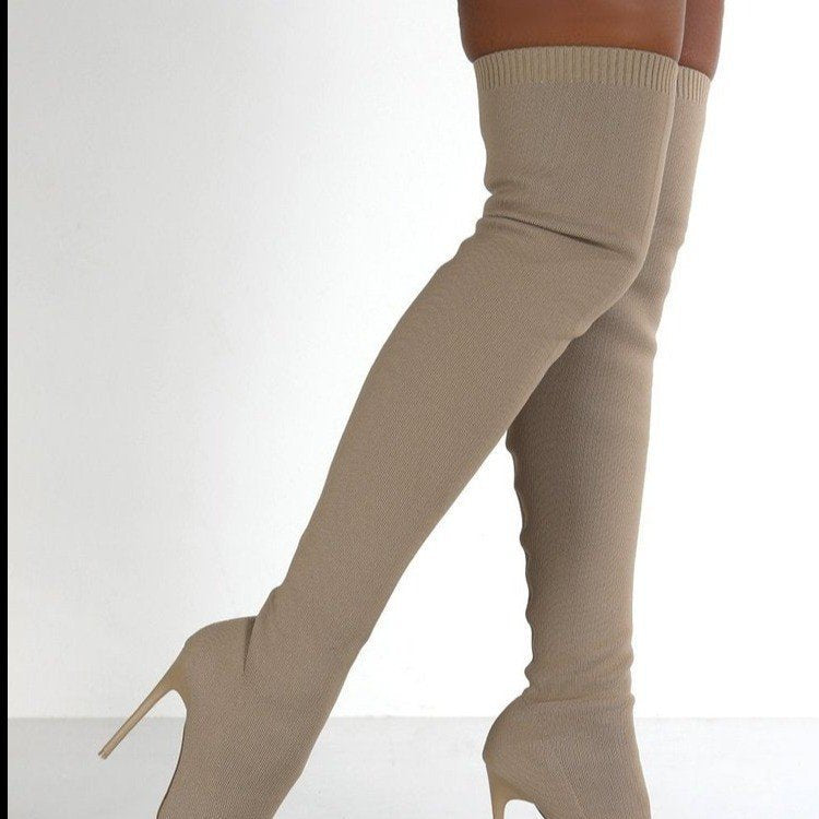 Damen Overknee Stiefel mit elegantem Absatz und hochwertiger Strickstruktur Drune