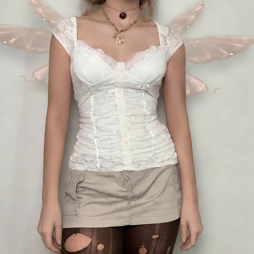 Damen Spitzen-Cropped-Top mit elegantem V-Ausschnitt und Rüschendetails Drune