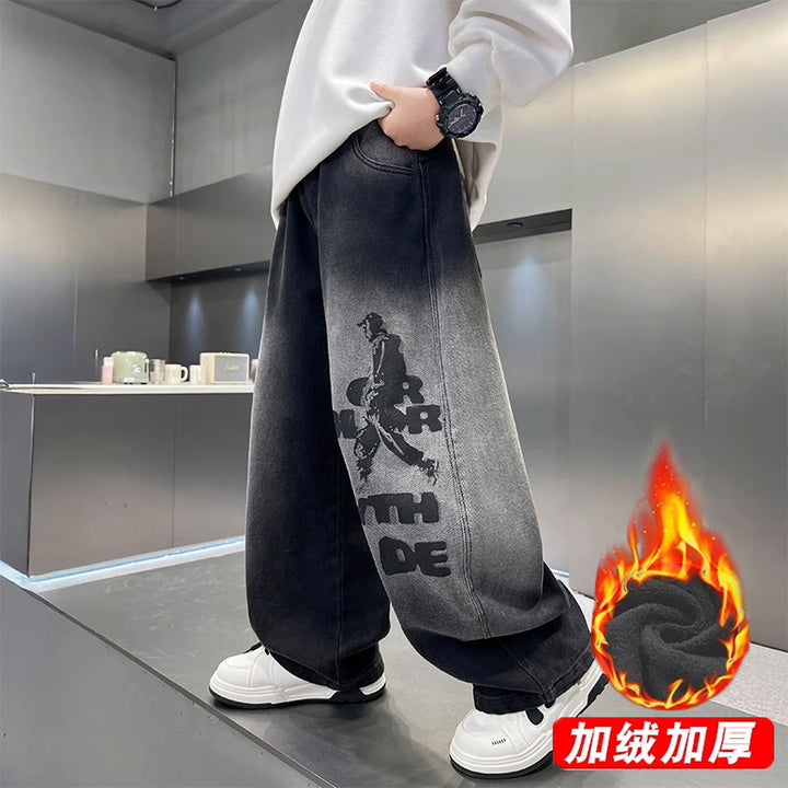 Herren weit geschnittene Denim-Hose mit stylischem Grafikdruck Drune