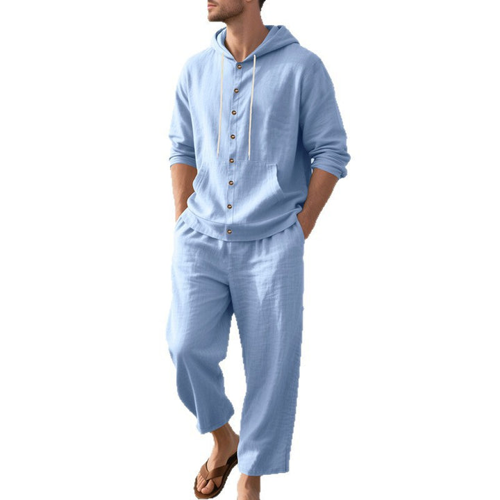 Herren nan legeres Leinen-Baumwoll-Ensemble mit Kapuzen-Oberteil und durchgehender Knopfleiste, Kängurutasche und knöchellanger weiter Hose Drune