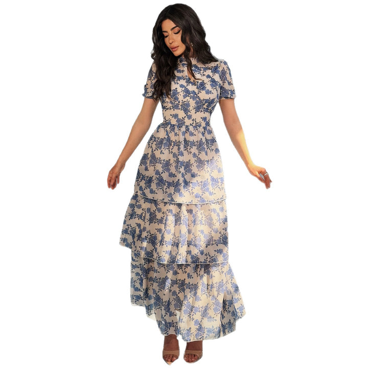 Damen Blumenkleid mit schickem Stehkragen und durchscheinenden Ärmeln Drune