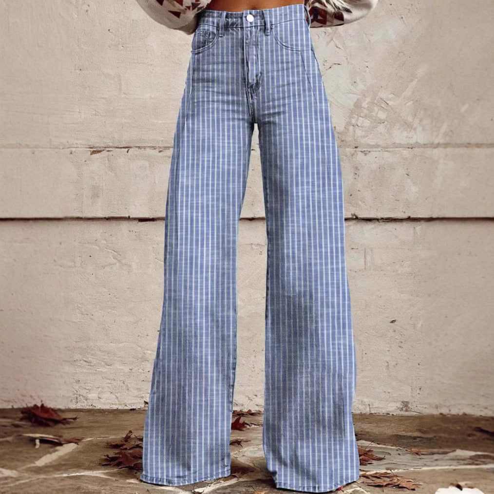 Damen nan weite Hose mit hohem Bund in Leinenoptik und vertikalen Nadelstreifen Schlaghose Drune