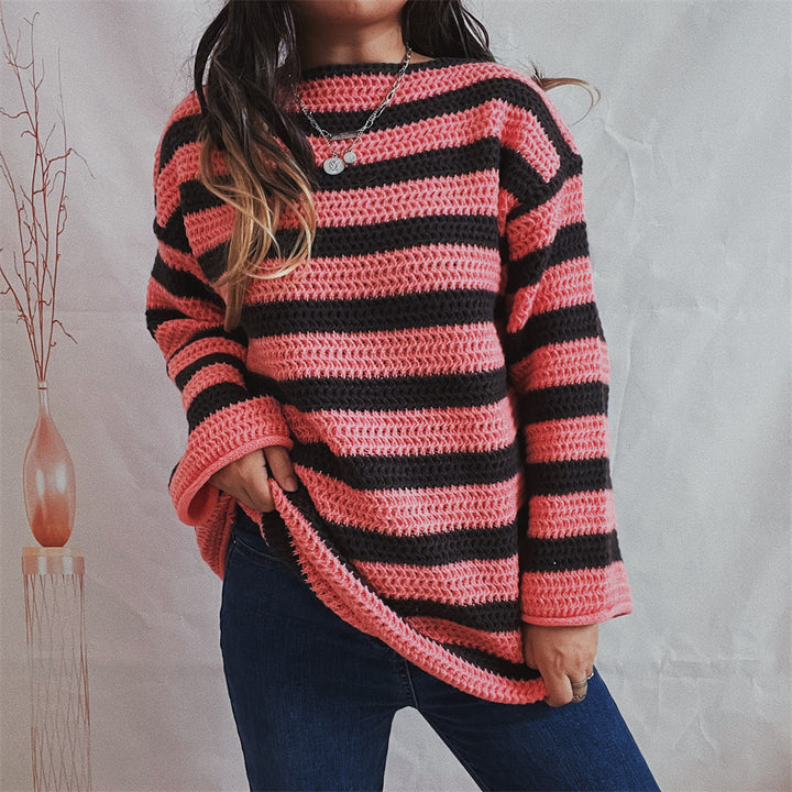 Damen gestrickter Oversized-Pullover mit breitem Streifenmuster Drune