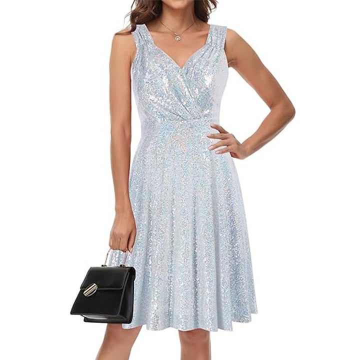 Damen Glitzerndes Cocktailkleid mit schwingendem Rock und V-Ausschnitt Drune
