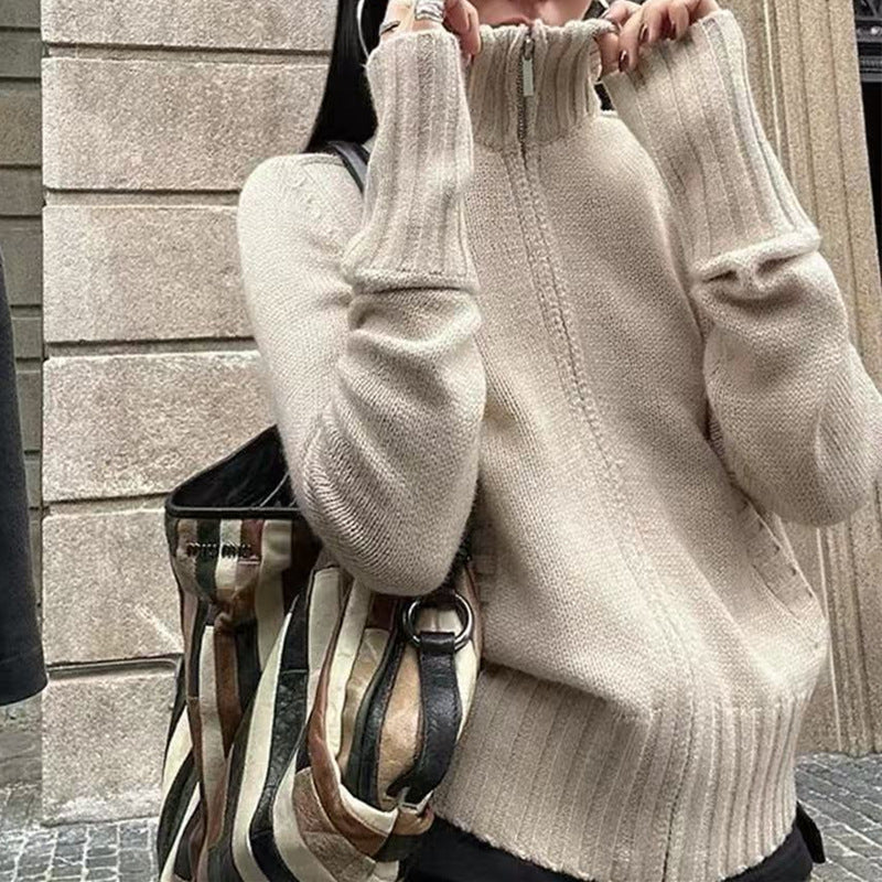 Damen Strickpullover mit hohem Stehkragen und Rippstruktur Drune