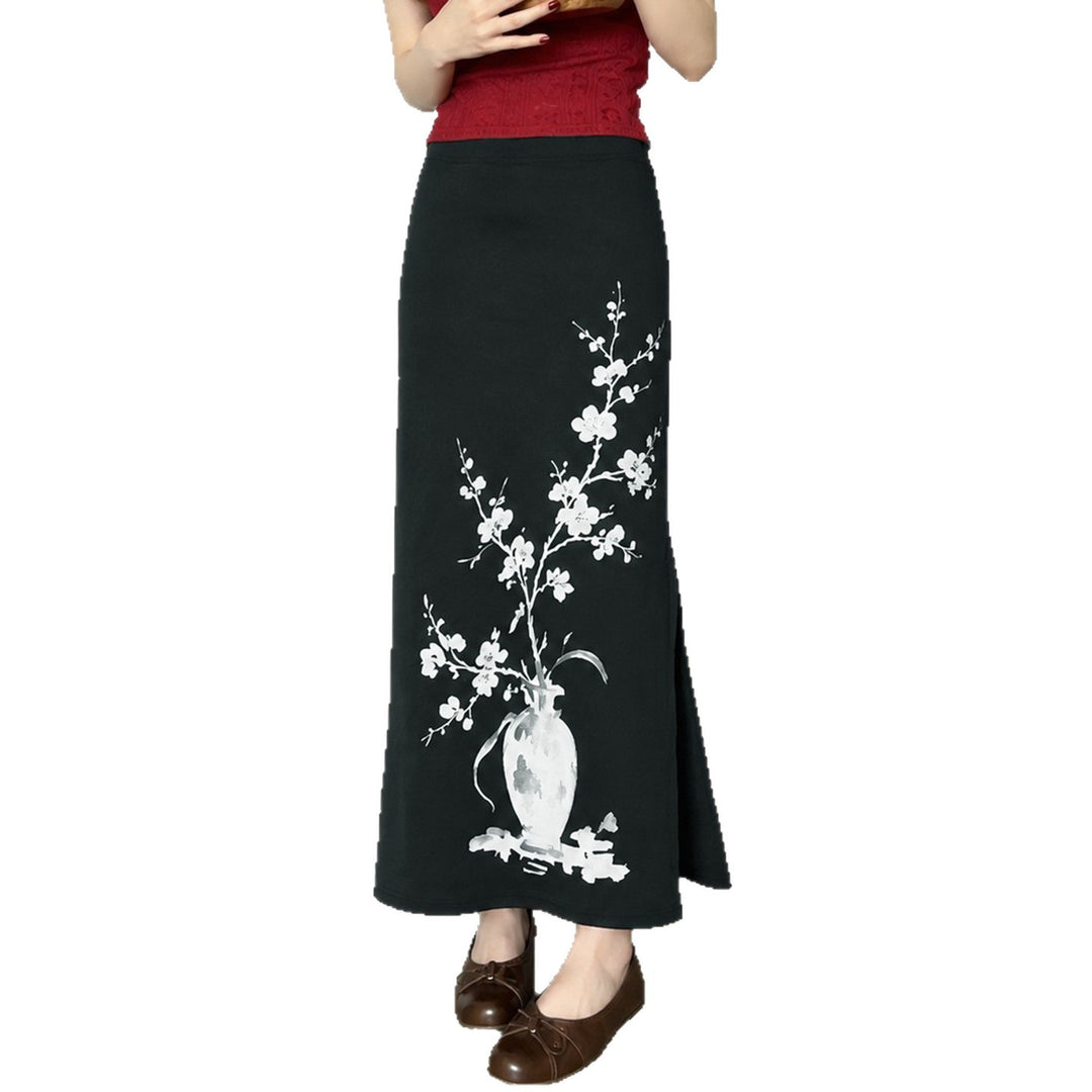 Damen nan ausgestellter Maxi-Rock mit A-Linien-Schnitt, elastischem Bund und floraler Aquarell-Vasen-Print Drune