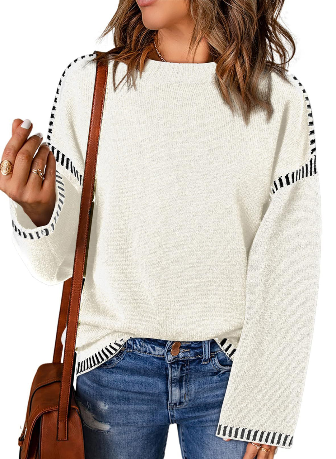 Damen lässiger Strickpullover mit kontrastierenden Bündchen und lässigem Schnitt Drune