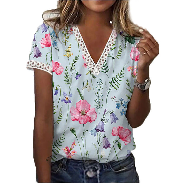 Drune | Elegantes T-Shirt Mit Kurzen Ärmeln Und V-Ausschnitt Print Für Damen