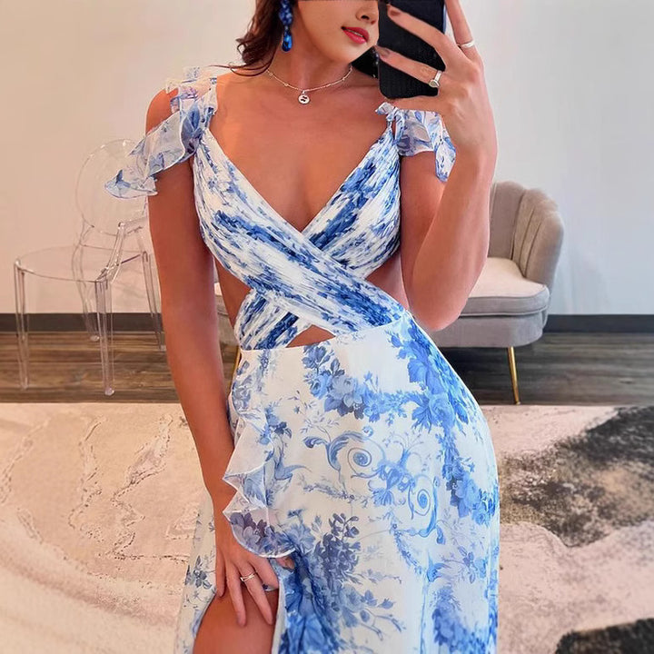 Damen Maxi-Kleid mit voluminösen Rüschen und floralem Design Drune