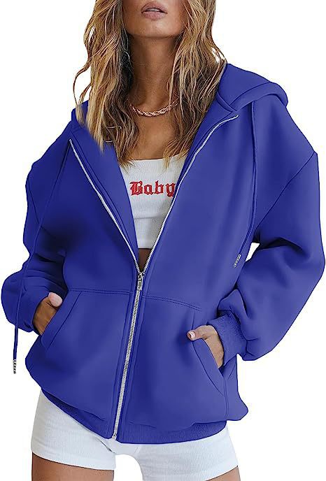 Damen nan oversized Kapuzenjacke mit durchgehendem Reißverschluss Kängurutaschen und weichem Sweatmaterial Drune