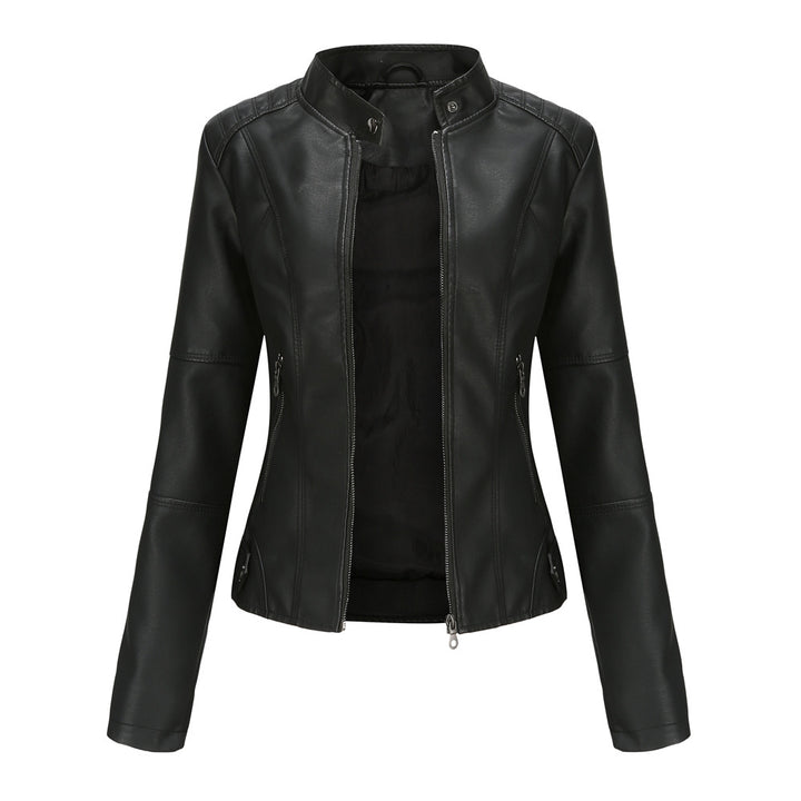 Damen nan schlanke Kunstlederjacke im Bikerstil mit Stehkragen und formenden Abnähern Drune