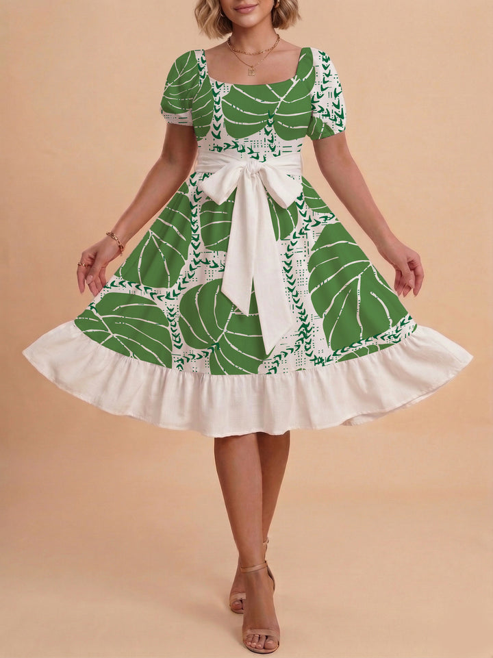 Damen A-Linien-Kleid mit floralen Motiven und taillierbarem Gürtel Drune