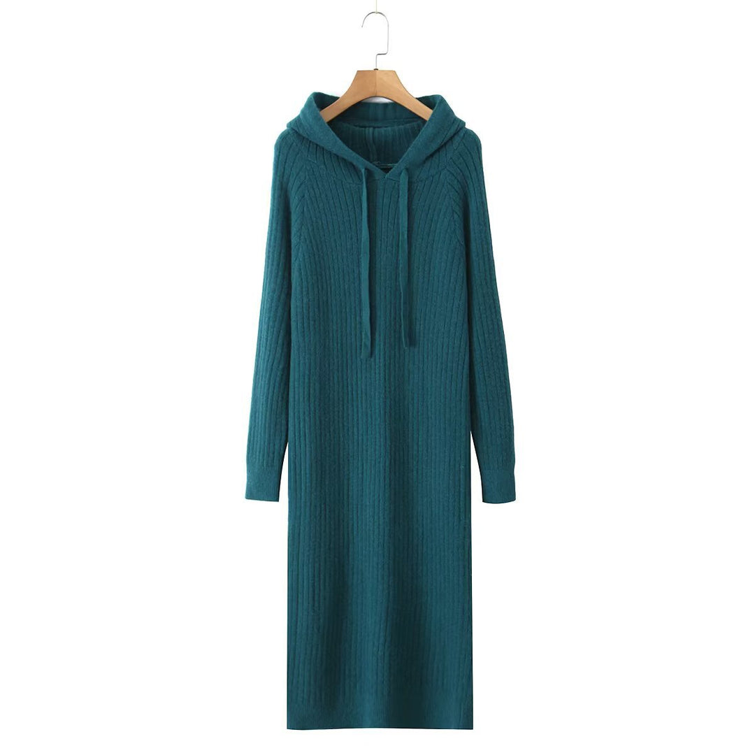 Damen Strickhoodiekleid mit Kapuze und Rippenmuster Drune