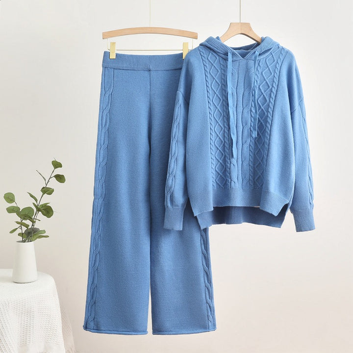 Damen lässiges Strick-Loungewear-Set mit Kapuze und breiten Beinen Drune