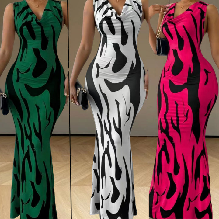Damen elegantes Maxikleid mit figurbetontem Schnitt und trendigem Muster Drune