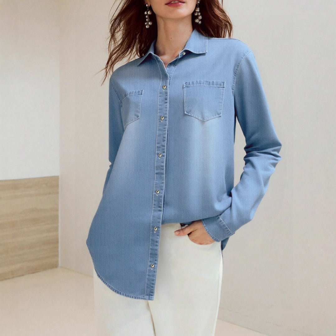 Damen Denim Hemd mit modernen Brusttaschen und elegante Knopfleiste Drune