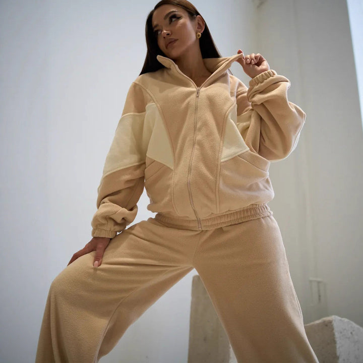 Damen sportliches Fleece-Set mit hochgeschlossenem Kragen und weiten Hosen Drune