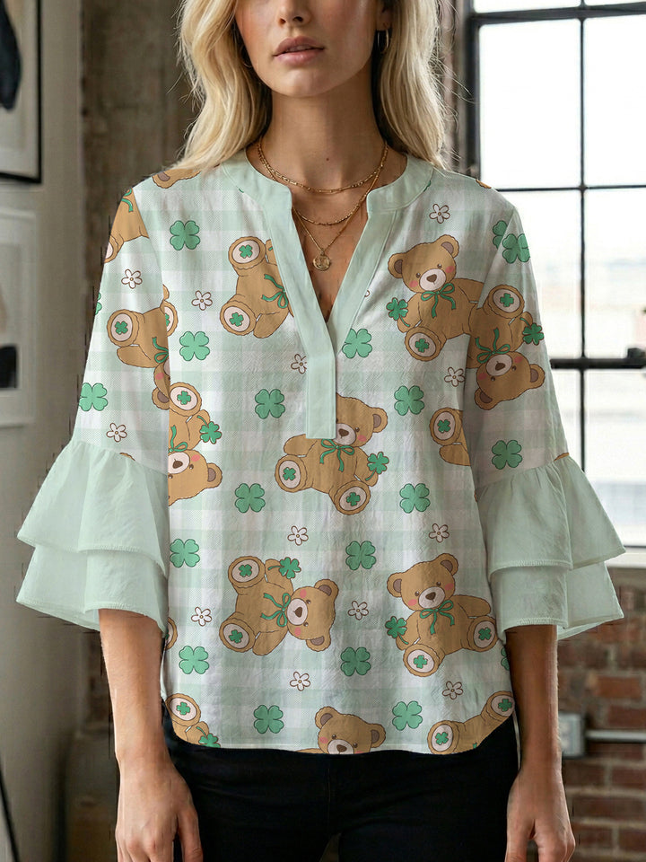 Damen Bluse mit voluminösen Flügelärmel und intensivem Blattmuster Drune