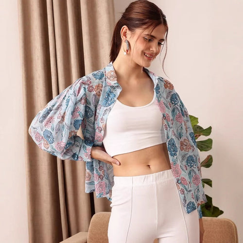 Damen leicht transparente Chiffonjacke mit floralen Motiven und ballonartigen Ärmeln Drune