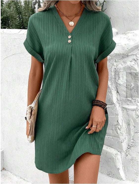 Damen Kurzarm Kleid mit Knopfleiste und feinem Längsstreifenmuster Drune
