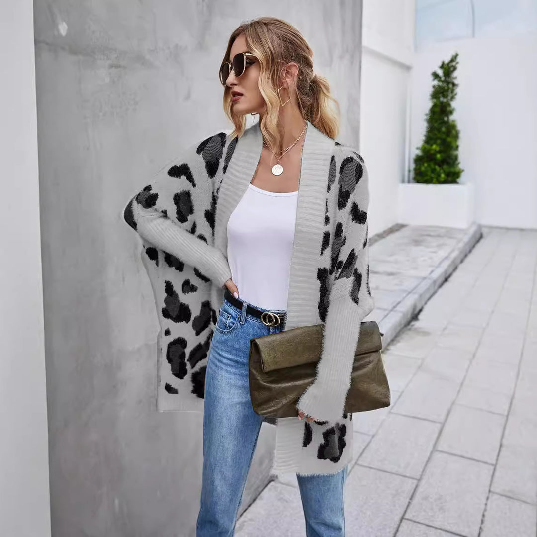 Damen kuschelige Strickjacke mit modischem Leopardenmuster Drune