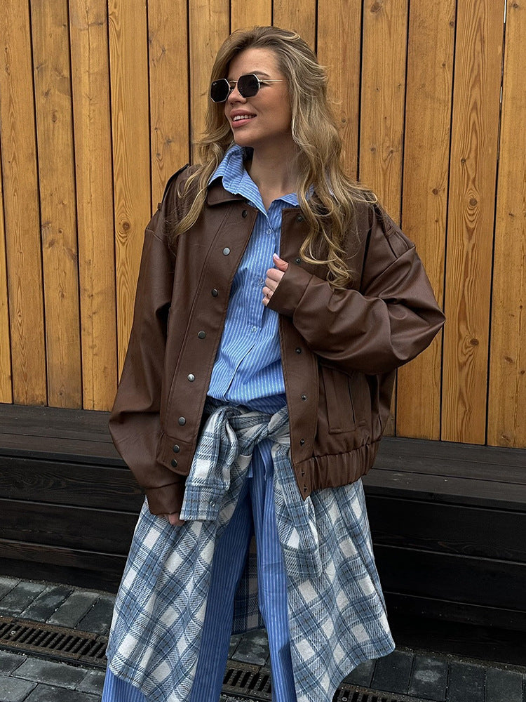 Damen Oversized Kunstlederjacke mit modischem Schnitt und eleganten Details Drune