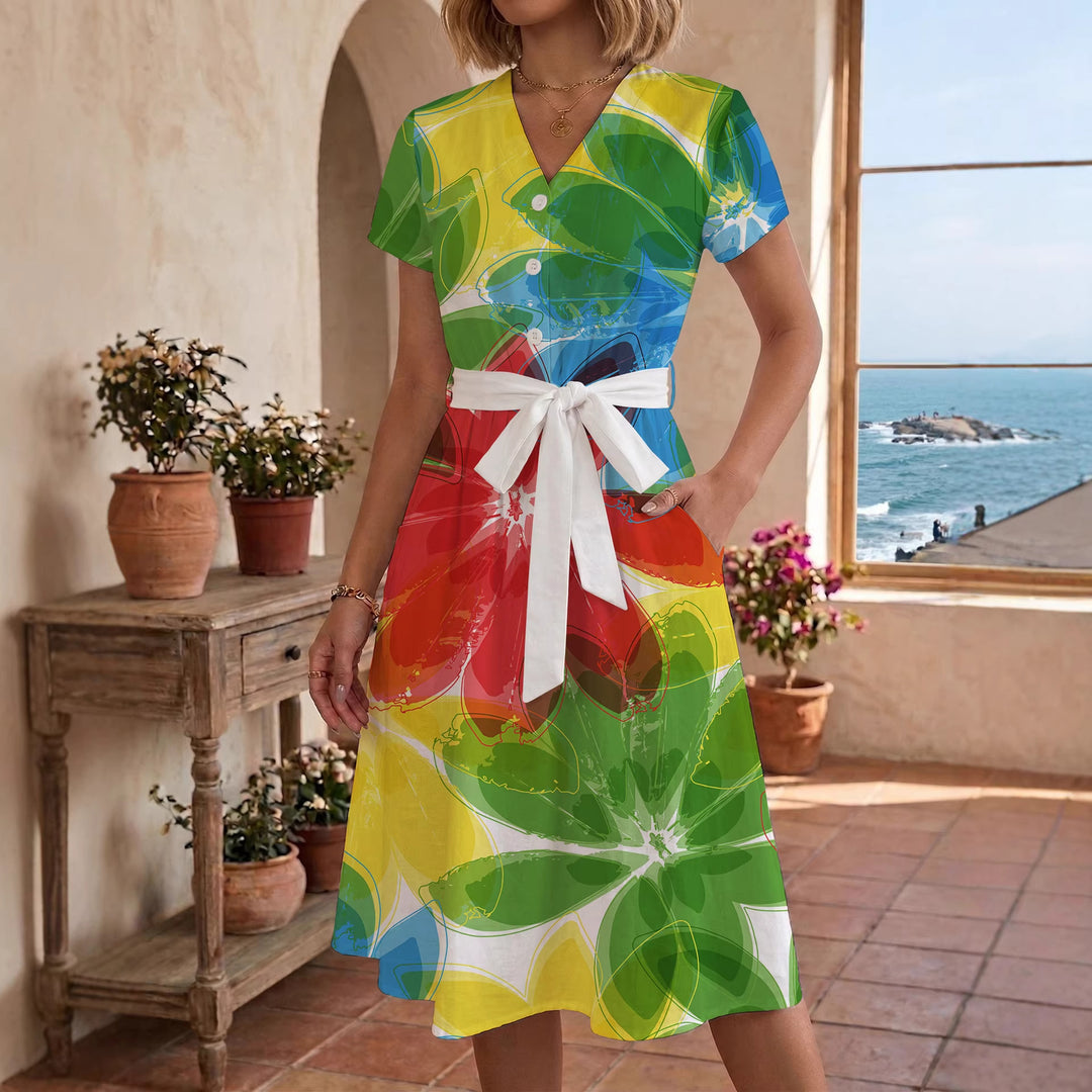 Damen Midikleid mit farbenfrohem Blumendesign und taillierbarem Bindegürtel Drune