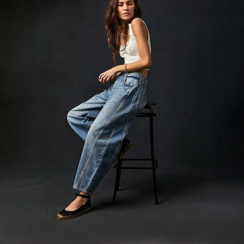 Damen Weite High-Waist Jeans im Vintage-Look mit ausgefallenem Waschverfahren Drune