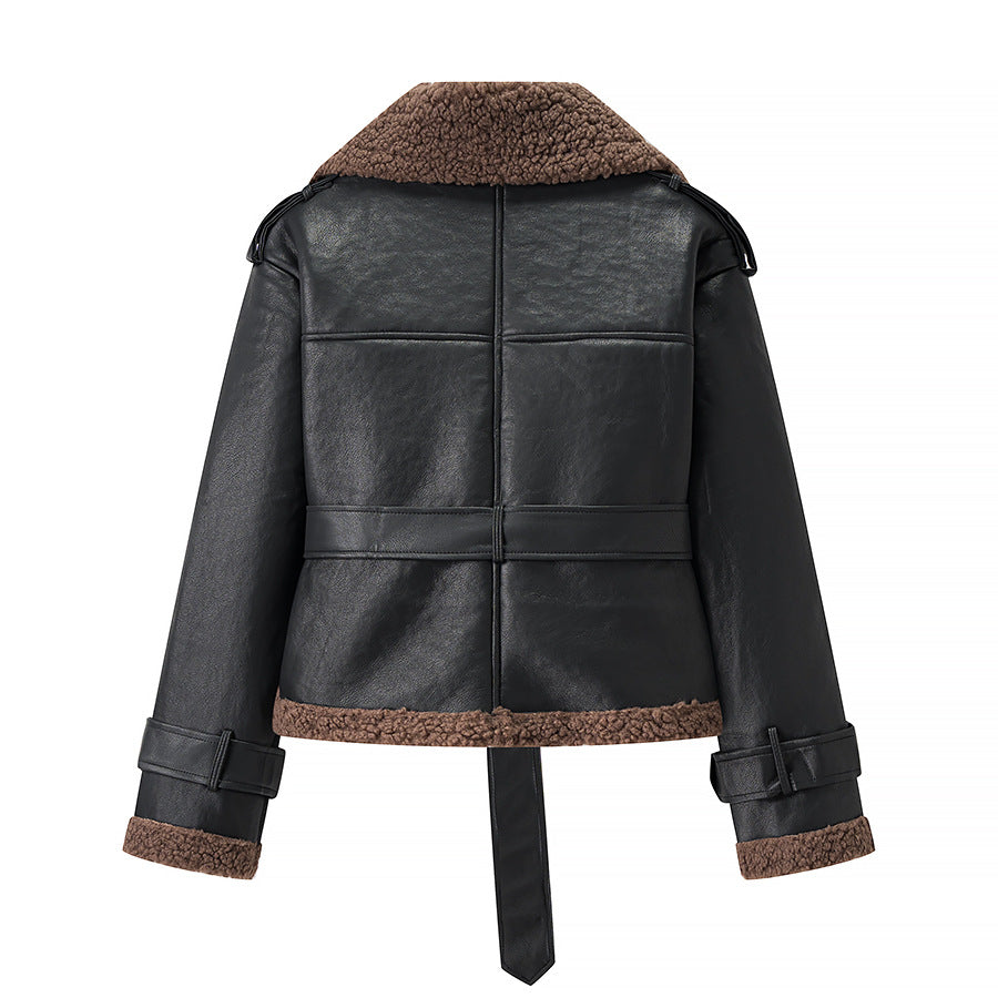 Damen Kunstlederjacke mit flauschigem Kragen und tailliertem Schnitt Drune